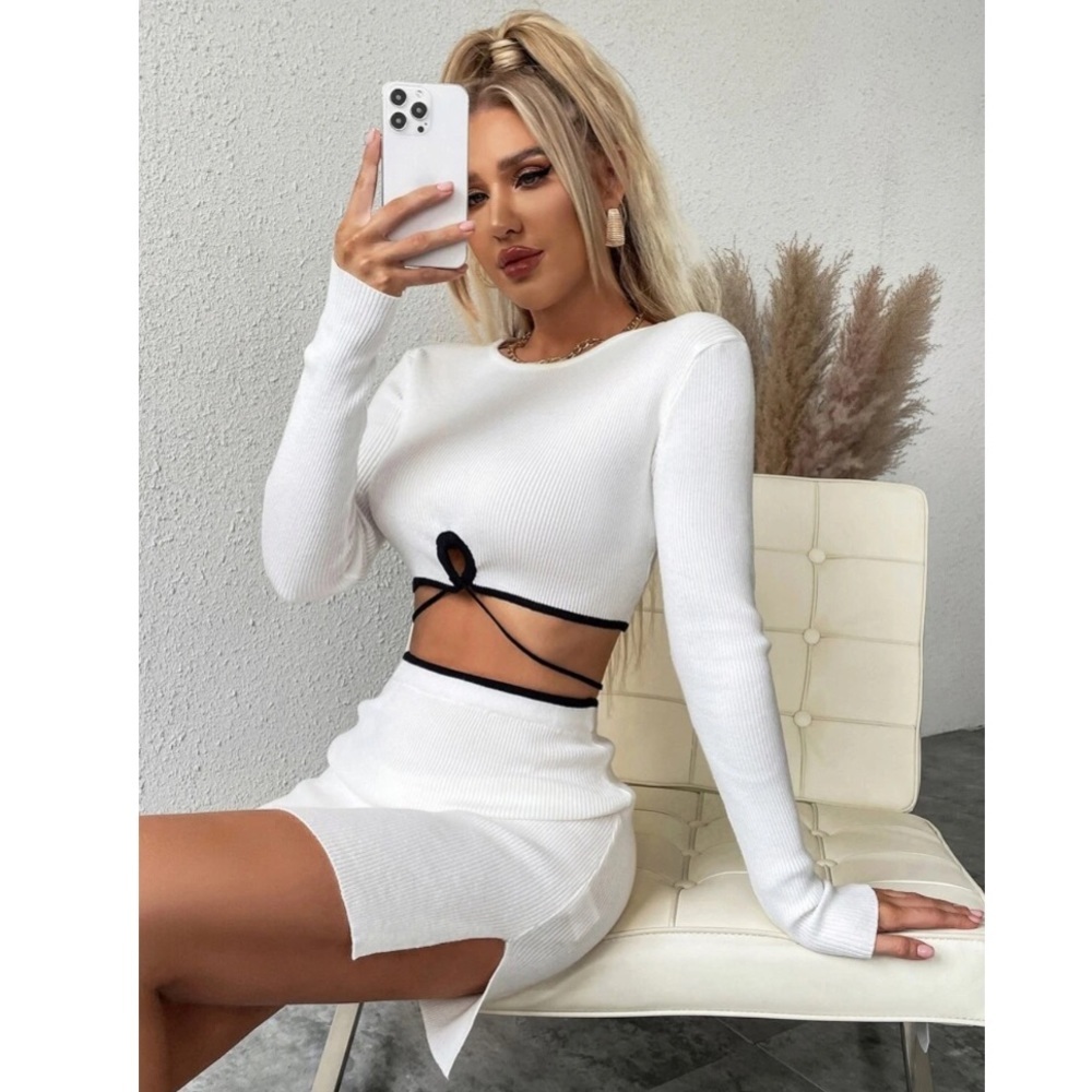 2 piece ribbed sweater set: top and skirt
